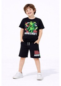 Resim Miniko Kids Erkek Çocuk Mınecraft Desenli Pamuk Şortlu Takım Siyah 