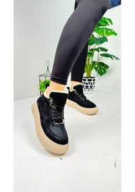 Resim Günlük Kadın Bot Bağcıklı Yüksek Kalın Tabanlı Kürklü Oval Burunlu Süet Rahat Hafif Bootie 1701 Siyah 