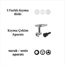 Resim 1900W Hamur Yoğurma, Kıyma Çekme 5,5 Lt Sucuk-Sosis/içli Köfte Aparatlı 6 Kademeli Mutfak Şefi - Onerous Hediyeli 