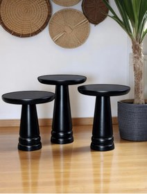 Resim AYLESA Doğal Ahşap 3’lü Set Mantar Yan Sehpa Modern Siyah Renk Fiskos Zigon Çiçeklik 