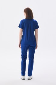 Resim N O V A | Saks Mavisi Kadın Likralı Hakim Yaka Yarım Pat Çıtçıtlı Hemşire Ve Doktor Forması Scrubs - 3XL 
