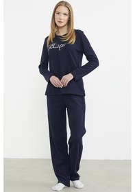 Resim Sementa Fitilli Kalın Sıfır Yaka Pijama Takım - Lacivert Lacivert 