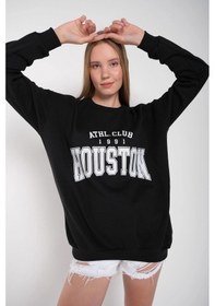 Resim Kadın Gri Houston Baskılı Bisiklet Yaka Oversize Sweatshirt Mdgnhouston Siyah 