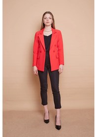 Resim Kadın Düğme Detaylı Uzun Kol Şık Ofis Süs Cep Kapaklı Kumaş Blazer Ceket-mercan MERCAN 