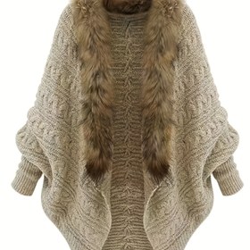 Resim Kadınların Rahat V-Yaka Uzun Kollu Kardiganı - Faux Fur Yaka ile, Düğmeli Ön, Kabarık Kolları, Sonbahar/Kış için Mükemmel, Kış Kardiganları 
