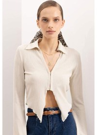 Resim Defacto Coool Fitted Basic Düz Agraf Kapamalı Bürümcük Uzun Kollu Gömlek C1889AX24AUER117 Ekru 