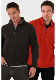 Resim Buratti Slim Fit Anti-Pilling Tüylenme Yapmayan Bato Yaka Şardonlu 2'Li Paket Erkek Polar 5906001S2 Orange-Antrasit 