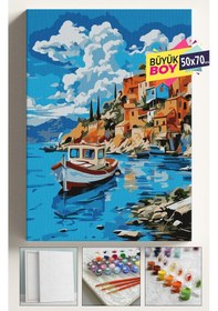 Resim Sayılarla Boyama Seti Numaralı Tuval Fırça Boya Dahil Kasnaklı Set 50x70 Cm - Balıkçı Teknesi 