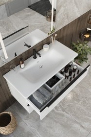 Resim BALNEOM Banyo Kadife Beyaz Parlak Hıgh Gloss %100 Mdf 100 Cm Banyo Dolabı Led Işıklı Aynalı Üst Dolap 