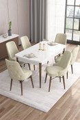 Resim Canisa Are Serisi 80x132 Mdf Açılabilir Beyaz Masa Ceviz Ayak Masa Takımı Ve 6 Krem Sandalye 