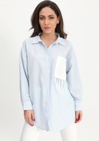 Resim VELİZADE Konfor Modeli Püskül Detaylı Gofre Kumaş Mavi Çizgili Oversize Rahat Kesim Kadın Gömlek Tesettür 