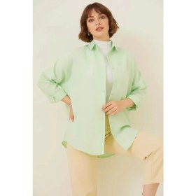 Resim Kadın Oversize Kesim Basic Pamuklu Çağla Yeşili Tesettür Gömlek 