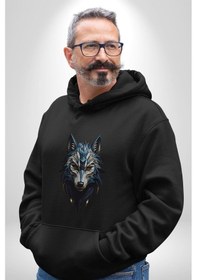 Resim Mavi Kurt Robot Kadın Erkek Siyah Kapüşonlu Sweatshirt Hoodie Siyah 