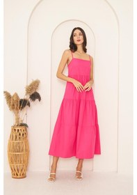 Resim Darlin Moda Fuşya İnce Askılı Katlı Elbise Dm1034 Fuşya 