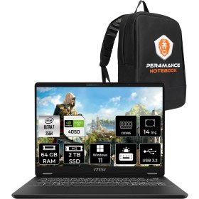 Resim Msı Prestigepro 14 Aı Intel Core Ultra 7 255H 64GB 2tb SSD RTX4050/6GB 14" Fhd+ 144Hz Windows 11 Pro Taşınabilir Bilgisayar & Per4 Çanta C2HVEG076TRP414 