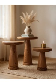 Resim ASELYA HOME Doğal Ahşap 3’lü Set Mantar Yan Sehpa Modern Fiskos Zigon Çiçeklik 