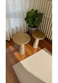 Resim 2 Li Ahşap Mantar Sehpa Takımı Altın Varak Renk Yan Sehpa Bej 