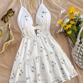 Resim Kadınlar için Tropikal Limon ve Hibisküs Desenli Halter Elbise - Canlı Sarı Mavi Çiçekli Plaj Elbisesi, Fırfır Etek Detaylı Hafif Yazlık A Kesim Parti Tatil Kıyafeti, İlkbahar-Yaz Günlük ve Yarı Resmi Etkinlikler İçin Rahat Kesim 