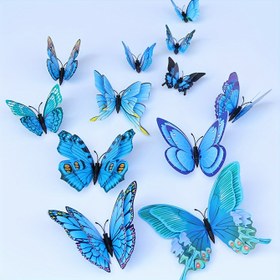 Resim 12 Adet Canlı 3D Çift Katmanlı Kelebek Duvar Sticker Seti - Kristal Süslemeli Çağdaş PVC Hayvan Çıkartmaları, Seramik Yüzey Uyumlu, Yarı Mat Kaplama, Ev, Kreş, Sınıf ve Partiler için Kendinden Yapışkanlı ve Çıkarılabilir 