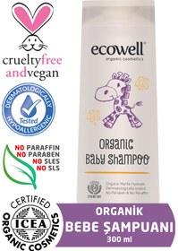 Resim Ecowell Organik Bebek Ve Çocuk Şampuanı, Saç Ve Vücut, Vegan Sertifikalı, Parabensiz, Konak Önleyici, 300 ml 