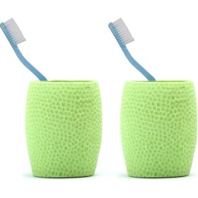 Resim 2 Adet Diş Fırçalık,macunluk Yeşil Petek Desenli Poliresin 8x8x10cm 400ml Banyo Seti Çok Renkli 