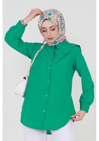 Resim Sevitli Yakası Kat Detaylı Poplin Tunik-yeşil-3523-yeşil Yeşil 
