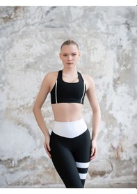 Resim Lismina Biye Detaylı Askılı Spor Bra - Sporcu Sütyeni Siyah - Beyaz 