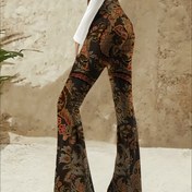 Resim Kadınların Zarif Baskılı Flare Bacak Pantolonları - Yüksek Bel, Esnek, Moda, Yaz İçin Tasarım, Tüm Mevsimler İçin Giyim, Şık Yetişkin Pantolonları|Flare Bacak Pantolonları|Esnek Kumaş 