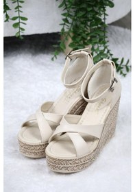 Resim Asmi Shoes Kadın Çapraz Bantlı Dolgu Topuklu 11cm Ayakkabı Rahat Yüksek Topuklu 700 Krem Krem 