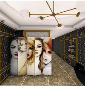 Resim Doğal Ahşap Çıtalı Kadın Baskılı Paravan Oda Bölme 5 Kanat 