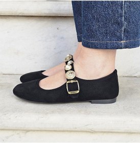 Resim İnci Taşlı Mary Jane Yuvarlak Burun Günlük Trend Rahat Babet Siyah 