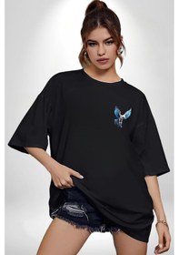 Resim Mavi Beyaz Kartal Kuş Siyah Oversize Unisex Ön Sol Yan Minimal Baskılı Tişört Koyu Siyah 