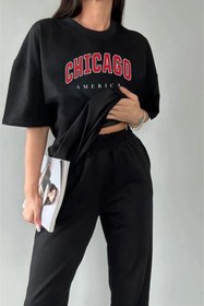 Resim aynewmoda Chicago Baskılı Eşofman Altı Ve T-shirt - Jogger Tişört Alt Üst Eşofman Takımı Bisiklet Yaka 