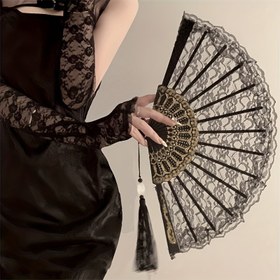 Resim Püsküllü Zarif Vintage Siyah Dantel Katlanır Yelpaze - El Tipi Çin Hanfu & Qipao Aksesuarı, Karmaşık Çiçek Desenleri, Geleneksel Kıyafetler ve Kültürel Etkinlikler için İdeal, Kültürel Aksesuar | Dekoratif Yelpaze | Karmaşık İşçilik, Çin Yelpazeleri 