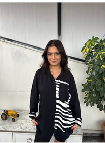 Resim Kadın Beyaz Zebra Desenli Cepli Oversize Gömlek , Tunik Siyah 