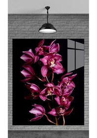 Resim Muhteşem Siyah Zemine Mor Çiçekler Temperli Cam Üzerine Tablo Sevgilinize Yılbaşı 