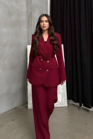 Resim buqre's moda Kadın İkili Blazer Ceket Pantolon Takım Aksesuar Gül ve Düğme Detaylı Bol Paça 