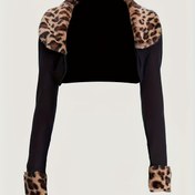 Resim Kadınlar için Retro Siyah & Kahverengi Leopar Desenli Kol Ceket - Yaka Detaylı, Sahte Tüylü İşlemeli Şort Montu, Kadınlar İçin Şık Ceketler 