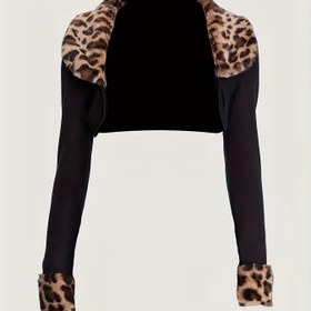 Resim Kadınlar için Retro Siyah & Kahverengi Leopar Desenli Kol Ceket - Yaka Detaylı, Sahte Tüylü İşlemeli Şort Montu, Kadınlar İçin Şık Ceketler 