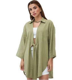 Resim Laluvia Pamuklu Flam Keten Kadın Kimono Gömlek - Haki 