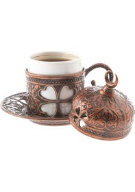 Resim Sena Yonca Desenli Porselenli 4 Parça Bakır Renk Fincan 