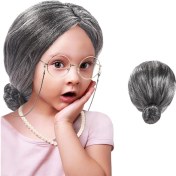 Resim Gri Renk Yaşlı Peruğu Takma Saç Büyükanne Peruğu Yetişkin Çocuk Uyumlu 