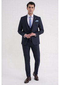 Resim Efor Slim Fit Mono Yaka Çift Yırtmaç Armürlü Esnek Yünlü Lacivert Yelekli Klasik Takım Elbise Tk 933 Lacivert 