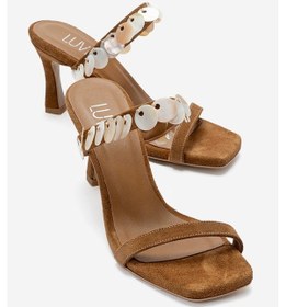 Resim Luvishoes Arund Taba Süet Hakiki Deri Sedef Pul Aksesuarlı Kadın İnce Topuklu Terlik 