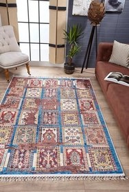 Resim Konstancin Kırmızı MadalyonModern Geometrik Etnik Desenli Boho Makinada Yıkanabilir Hav Toz Vermez Leke Tutmaz Kaymaz Taban Dijital Makine Baskı Halı Oturma Odası Salon Yolluk Koridor Mutfak Halısısı 