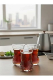 Resim Paşabahçe Yakut 6'lı Çay Bardağı Seti - Kırmızı Dekorlu Lüks Cam Sunum Şeffaf 