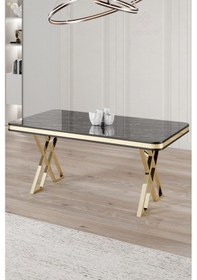 Resim Canisa Vals Serisi 80x130 Lak Panel Siyah Mermer Desen Masa Takımı Gold Ayaklı 4 Antrasit Sandalye Masa Siyah Mermer Desen Sandalye Antrasit 