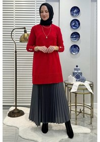 Resim Rabia Şamlı Bilge Kırmızı Triko Tunik Çok Renkli 