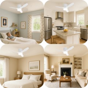Resim Modern LED Işıklı Tavan Vantilatörü 3 Renk Işık 3 Kademe Hız Sessiz Beyaz Gövde Beyaz Kanat Avize 