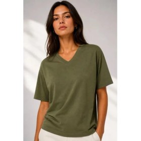Resim Çamaşır Kenti V Yaka Basic Tişört Kısa Kol Yazlık Regular Fit T-Shirt - Haki 